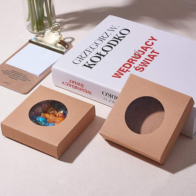 BENECREAT 24 Packs Brown Kraft Square Paper Boxes Gift Wrapping Box with Round Clear Window 3x3x1.2 for Homemade Soap, Party Favor Treats and Jewelry Packaging