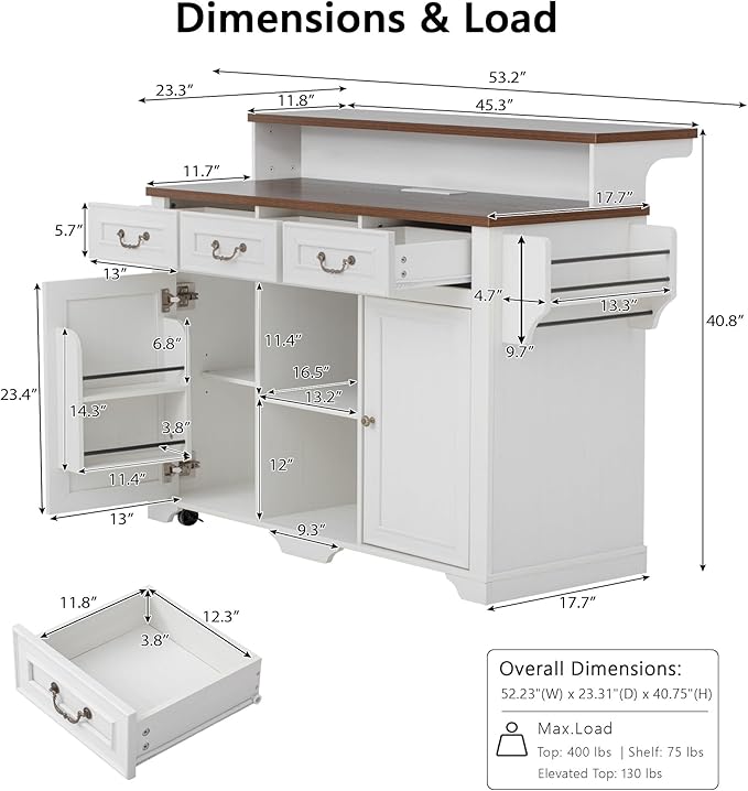 Rolling Kitchen Island with Two-Tier Bar Counter and Power Outlets, 3 Drawers & 4 Door Shelves, Mobile Kitchen Cart with Storage Cabinets & Locking Wheels for Dining Room & Kitchen, 53-Inch, White