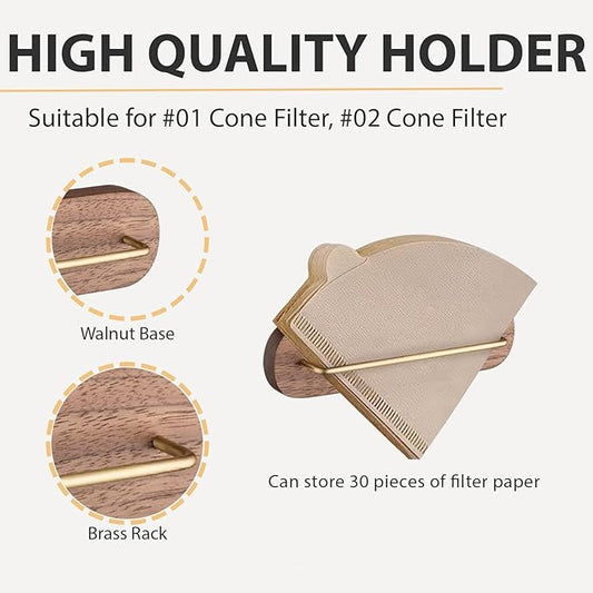 Coffee Filter Holder, Cone Coffee Filter Holder Storage, Coffee Filter Stand for Coffee Filters Size #01 and #02 (B Walnut)