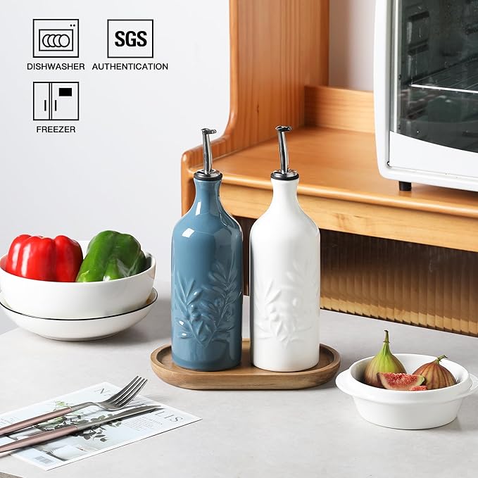 Sweejar Ceramic Olive Oil Dispenser Bottle, 20 Oz Relief Opaque Oil Cruet Protects To Reduce Oxidation, Suitable for Storage Vinegar, Soy Sauce,Liquids,Set of 2 (WhiteFogblue)