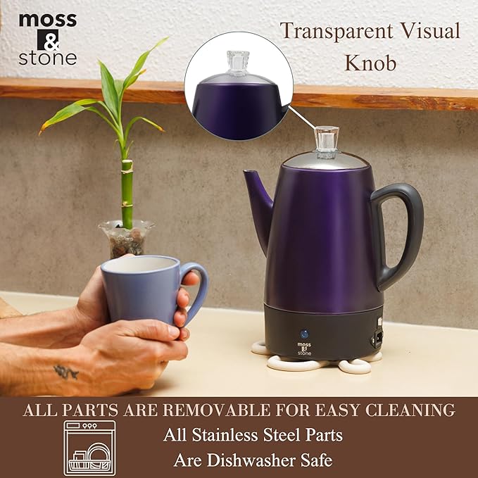 Moss & Stone 10 Cup Purpale Percolator Coffee Pot Electric, Stainless Steel Coffee Percolator Electric With Keep Warm Function, Classic Perculator Pot With Removable Basket for Home or Office