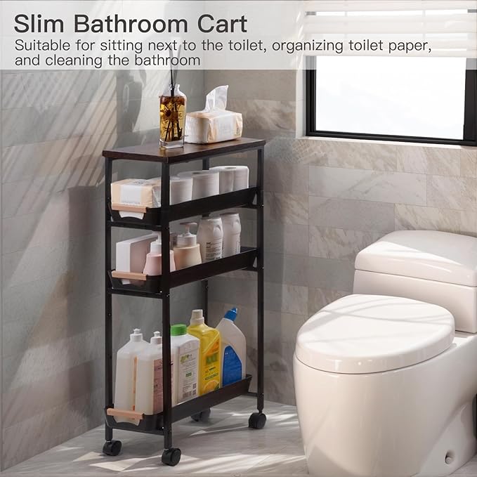 5 Tier Slim Rolling Storage Cart with Wood Top, Narrow Laundry Room Organizer for Tight Gaps, Metal Bathroom Gap Filler, Kitchen Pantry Trolley, Small Spaces (Black)