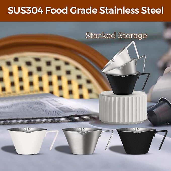 carrottimes 4Pcs Stainless Steel Espresso Cups, Double Spout Metal Espresso Measuring Cup with Handle, Dual Scale Espresso Shot Cup with V-Shaped Mouth, 3.4oz/100ml (Silver)