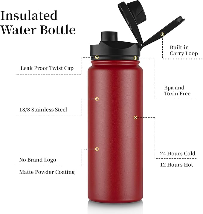24 oz Insulated Water Bottle Bulk 8 Pack, Stainless Steel Sports Water Bottles with Straw Lid & Wide Mouth Lids, Double Walled Vacuum, Leak Proof, Red