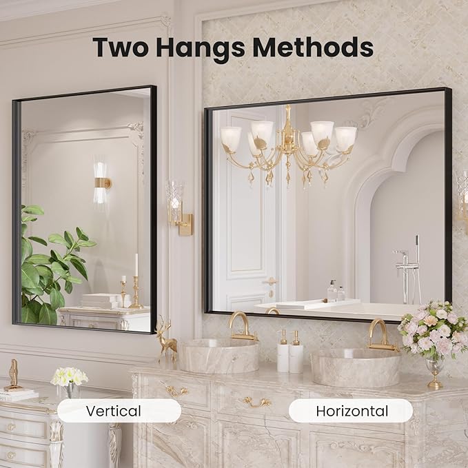 LOAAO Black Bathroom Mirror 40"X24" for Wall, Rectangle Bathroom Vanity Mirror, Tempered Glass, Hangs Vertically or Horizontally, Easy to Install, Modern Design