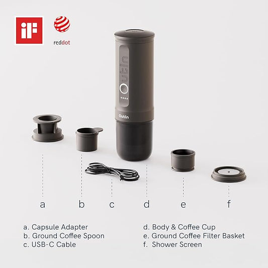 OutIn Nano Portable Electric Espresso Machine, Travel Coffee Maker for Camping, Car Coffee Maker Self-Heating with USB-C, With Ground Coffee & NS Capsule for RV, Hiking, Office