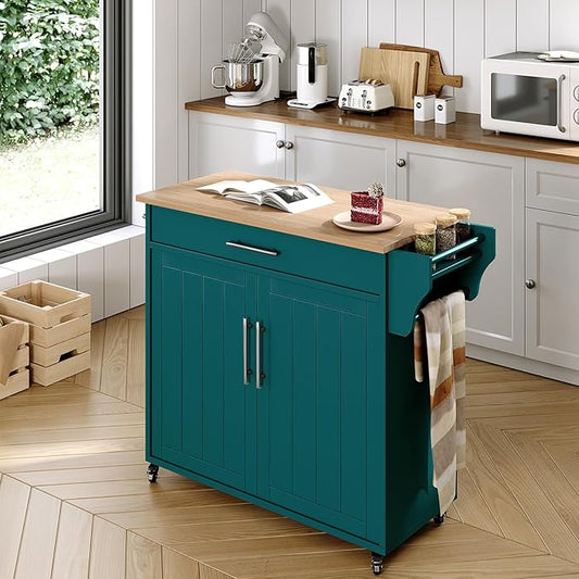 Kitchen Storage Island, Wooden Rolling Kitchen Island On Wheels with Countertop, Mobile Kitchen Island Cart with Towel Rack, Spice Rack and Drawers, Green