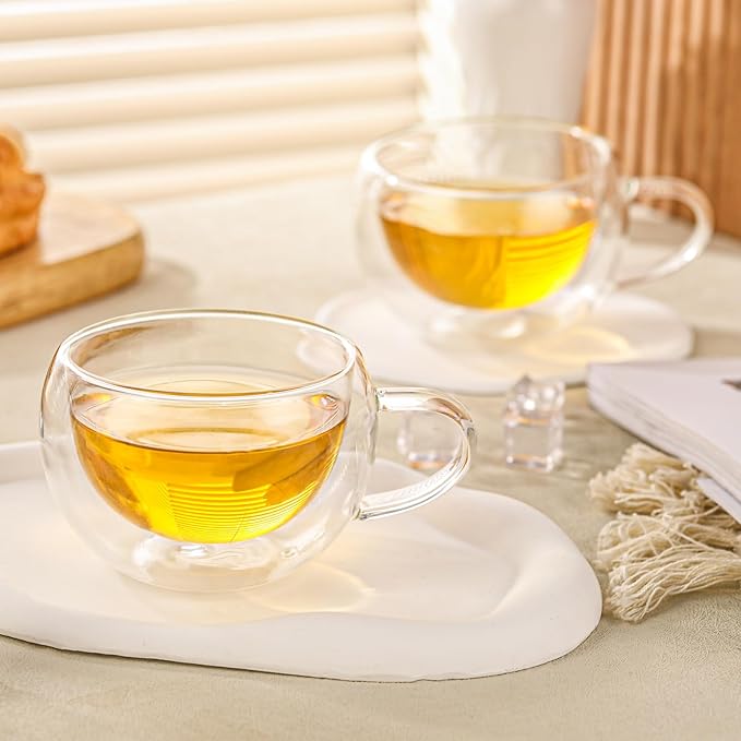 Double Wall Insulated Glass Tea Cups Set of 4, Clear Borosilicate Glass Espresso Shot Cups for Espresso Machine, Teacups Coffee Mugs with Handle for Cappuccino Latte, 7OZ/200ML