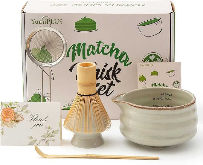 5pcs Premium Matcha Set,Ceramic Bowl with Spout and Bamboo Whisk set, Ceremonical Matcha Kit for breakfast/latte,Tea Starter Making Kit, Unique Christmas/Valentine Gift (Grey)