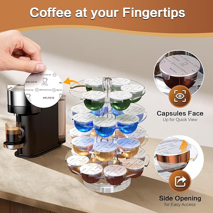 Coffee Pods Holder Acrylic Carousel Stand Compatible with 28 Nespresso Vertuo Capsules And Dolce Gusto Capsules Storage Organizer for Small Countertop