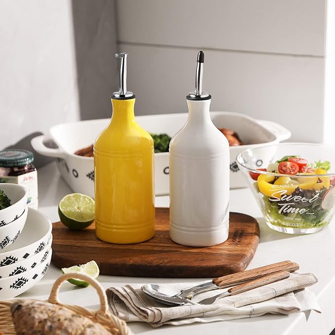 Sweejar Ceramic Olive Oil Dispenser Bottle, Opaque Oil Cruet Protects to Reduce Oxidation, Suitable for Storage Vinegar, Coffee Syrups & Other Liquids, Pack of 1, 15.5 Fl Oz(Yellow)