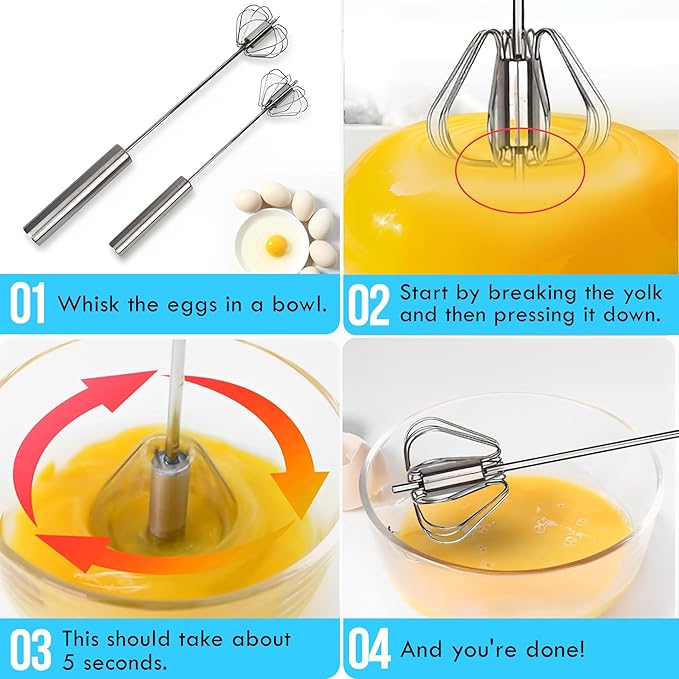 Fourteen Homes Stainless Steel Egg Whisk - Hand Push Rotary Blender & Versatile Milk Frother, 12in - Ideal for Blending, Whisking, Beating & Stirring