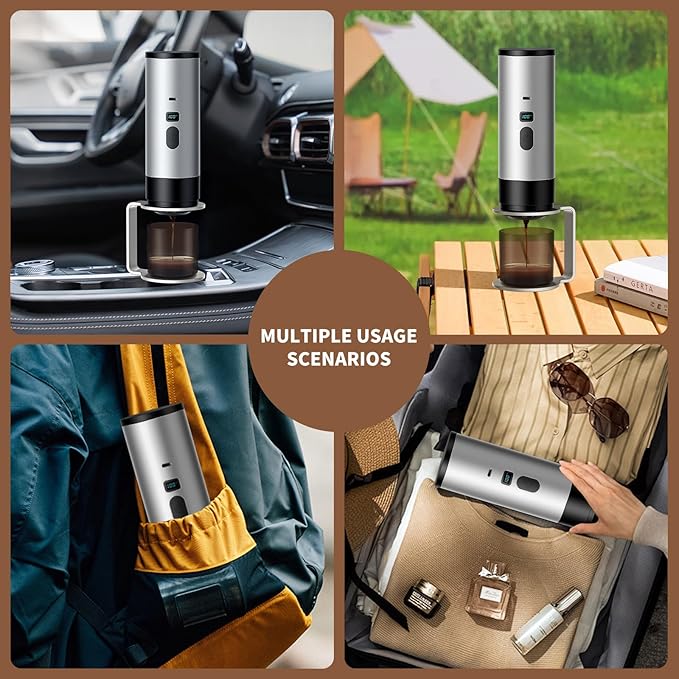 RQUOIRE 3-in-1 Portable Coffee Maker, Espresso Machine, Self-Heating Travel Coffee Maker Compatible with NS, DG Pods & Ground Coffee, Small Mini Espresso Machine for Car Camping, Hiking With Stand