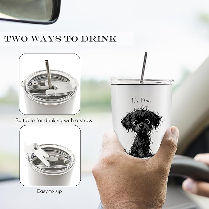 Funny Black Dog 20oz Travel Coffee Mug Tumbler, Dog Lovers Gifts for Women Men, It's Fine Everything Is Fine Funny Stainless Steel Tumbler with Lid and Straw