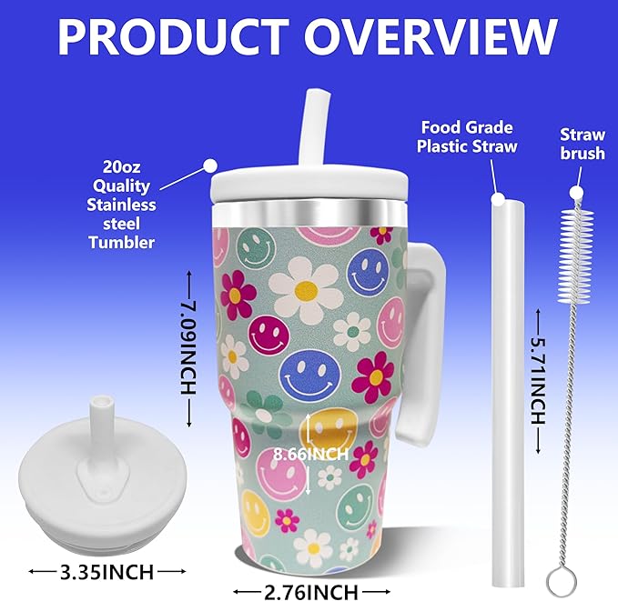 20-OZ Insulated Water Bottle,Insulated Stainless Steel Tumbler,Reusable Cold Drink Thermos,BPA-Free, Double-Wall Stainless Steel Water Bottle (Green-Simleyface Flower, 20, Fluid Ounces)