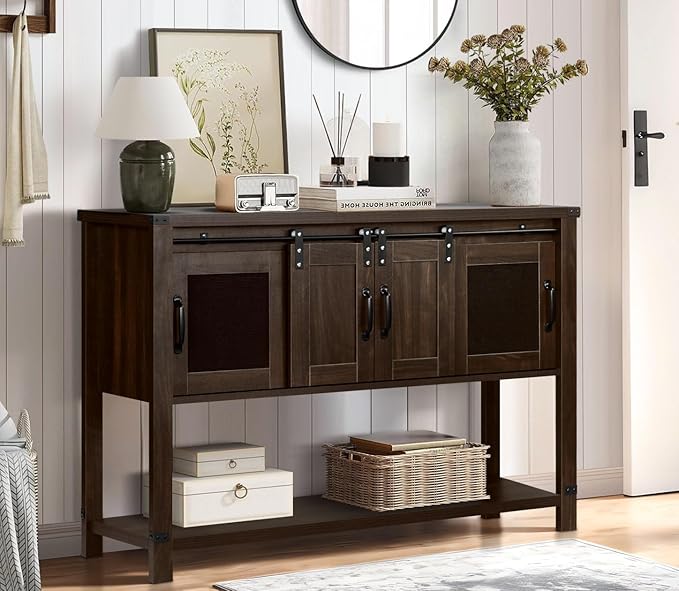 4ever2buy Farmhouse Coffee Bar Cabinet with Storage, 47'' Coffee Bar Table with Sliding Barn Door, Buffet Cabinet with Metal Mesh Doors, Console Table with Bottom Open Shelf, Brown