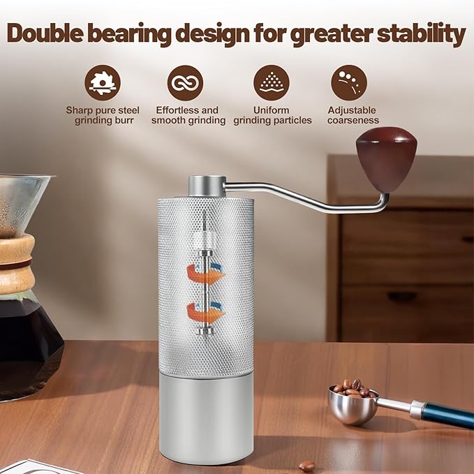 Manual Coffee Grinder Non-Detachable Stainless Steel Conical Burr Aluminum Coffee Bean Grinder with 25 Grinding Settings Cleaning Brush Grindable Espresso Moka Pot French Press for Camping Silver