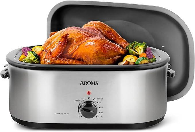 AROMA® 20Qt. Roaster Oven with Self-Basting Lid, Fits 24-lb. Turkey, Adjustable Temperature Settings, Keep Warm Setting, Stainless Steel (ART-720S)