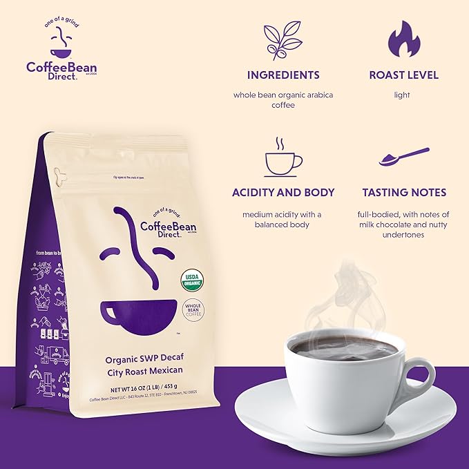 Coffee Bean Direct Organic Swiss Water Process Mexican Chiapas, Whole Bean Coffee, City Roast, 1 Pound Bag (Pack of 1)