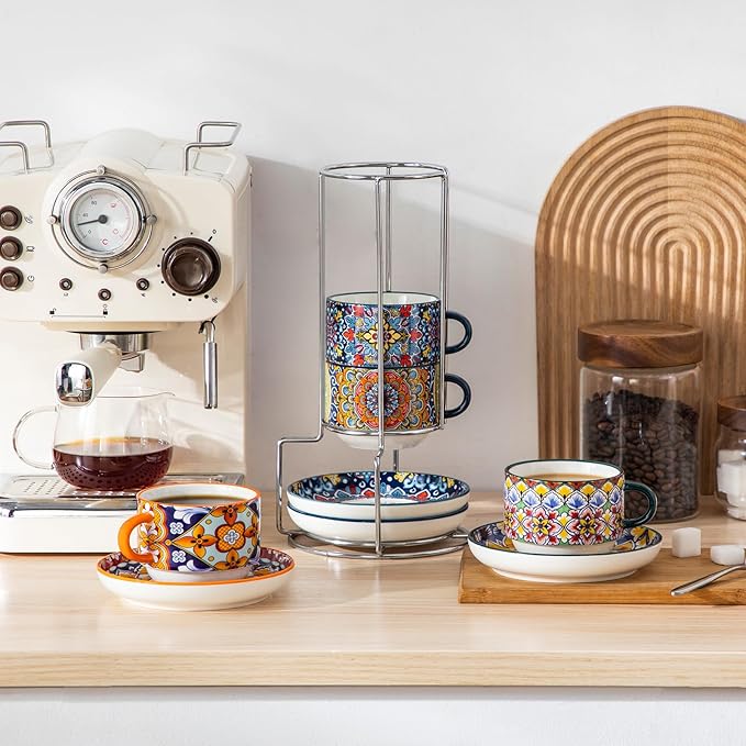 vancasso 8 Oz Stackable Espresso Cups with Saucers and Metal Stand Set of 4,Bohemian Ceramic Cappuccino Cups - Microwave and Dishwasher Safe, Perfect For Tea, Espresso, Latte, Cafe-03