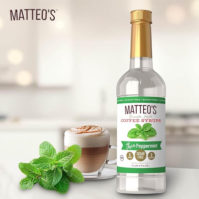 Matteo's Peppermint Syrup for Coffee, Lattes, Cappuccinos & Desserts – Sugar-Free Sweetener for Beverages, Keto Friendly, Zero Calories, Indulgent Flavor, Non-Alcoholic, Ideal for Coffee 33.8oz (1pk)