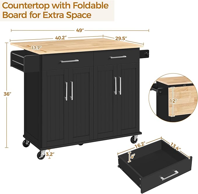 Yaheetech Kitchen Island Cart with Drop Leaf, 49" Rolling Island Table with Storage, Drawer, Kitchen Cart with Rubberwood Top, Detachable Towel & Spice Rack, Black