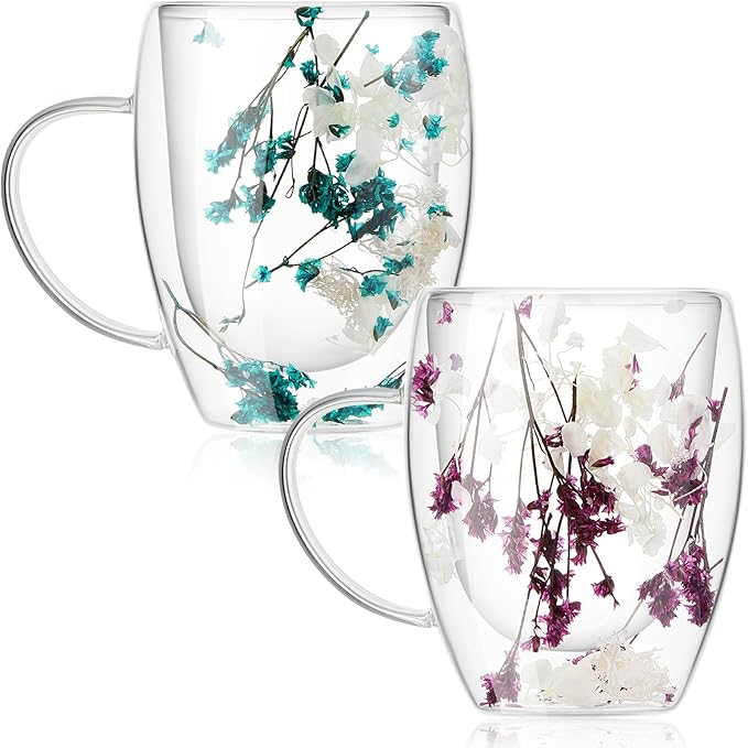 Rtteri 2 Pcs Double Wall Glass Coffee Mugs Clear Flower Coffee Mug with Handle 350 ml Creative Insulated Heat Resistant Coffee Cups for Tea Cappuccino Espresso Latte (Blue Flowers, Purple Flowers)