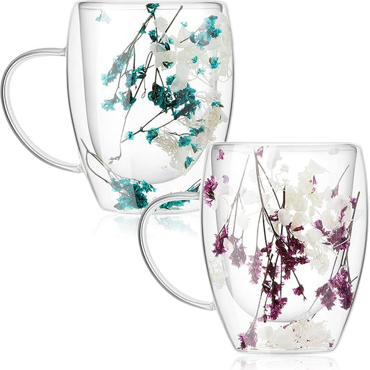 Rtteri 2 Pcs Double Wall Glass Coffee Mugs Clear Flower Coffee Mug with Handle 350 ml Creative Insulated Heat Resistant Coffee Cups for Tea Cappuccino Espresso Latte (Blue Flowers, Purple Flowers)