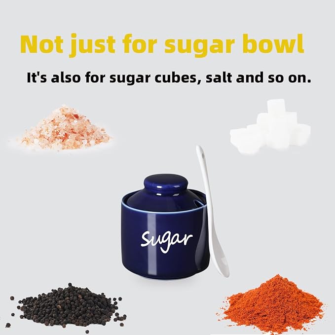 ONTUBE Ceramic Sugar Bowl with Lid and Spoon,Porcelain Sugar Pot,8oz (Navy)