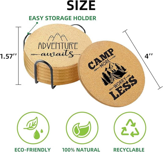 Coasters for Drinks with Holder Set of 6, Camping Coaster Absorbent Cork Wood for Cup Desk Office Table Kitchen Decor House Warming Gifts for New Home Couples, Round 4"