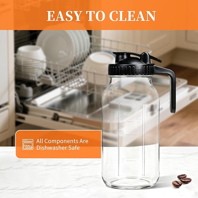 64oz Wide Mouth Mason Jar Pitcher with Handle & Flip Lid, Heavy Duty Glass Cold Brew Coffee Maker, Airtight Leak-Proof Pitcher for Iced Tea, Juice, Lemonade