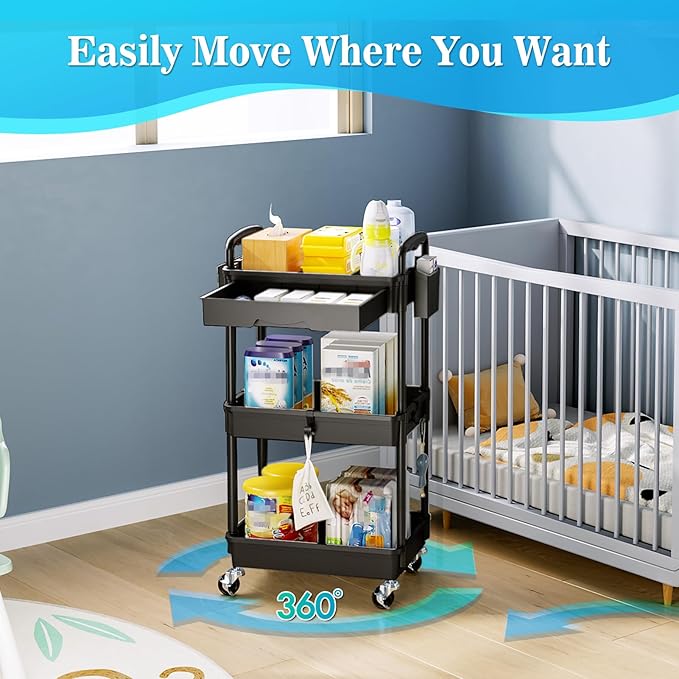3 Tier Rolling Storage Carts with Removable Drawers, Lockable Wheels, Hooks & Cup Holders – Easy Assembly Storage Organizer for Kitchen, Bathroom, Office, Craft Room, Makeup, Black