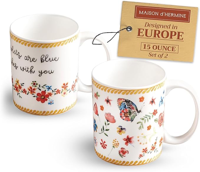 Maison d' Hermine Coffee Mug with Handles Fine Bone China Mugs Pack of Two Tea Cups for Hot Beverages Cappuccino Latte Home Restaurant Office Perfect for Gift (Happy Florals - Sweety, 15 Ounce)