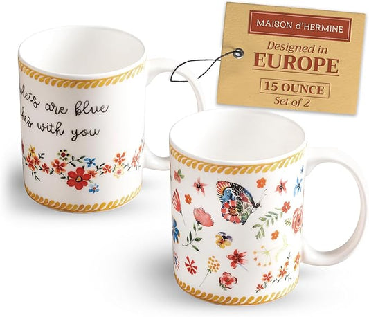 Maison d' Hermine Coffee Mug with Handles Fine Bone China Mugs Pack of Two Tea Cups for Hot Beverages Cappuccino Latte Home Restaurant Office Perfect for Gift (Happy Florals - Sweety, 15 Ounce)