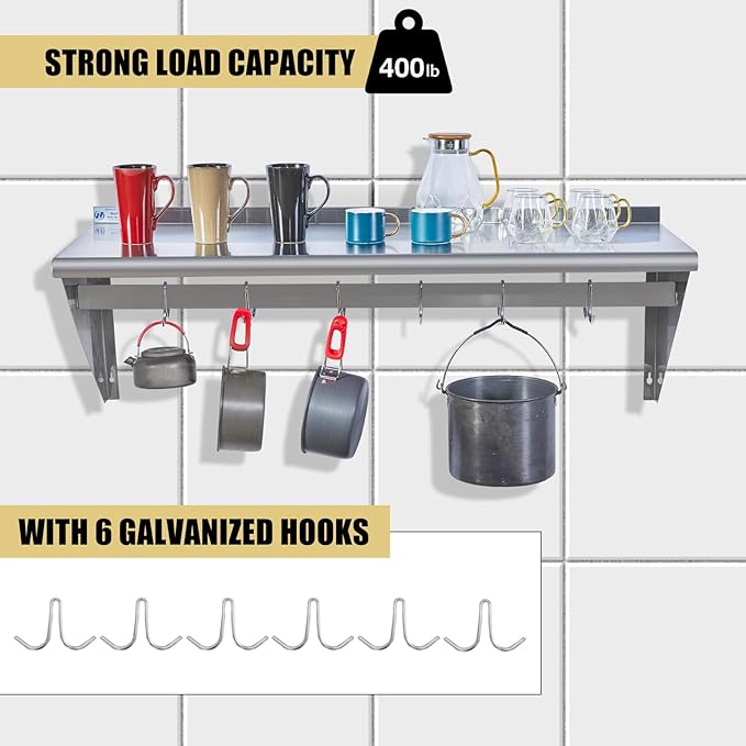 Hally Stainless Steel Shelf with 6 Hooks 18" x 48" Wall Mounted Pot Rack 400lb, NSF Commercial Floating Shelving for Storage Hanging Pots, Pans, cookware in Restaurant, Kitchen, Home and Hotel