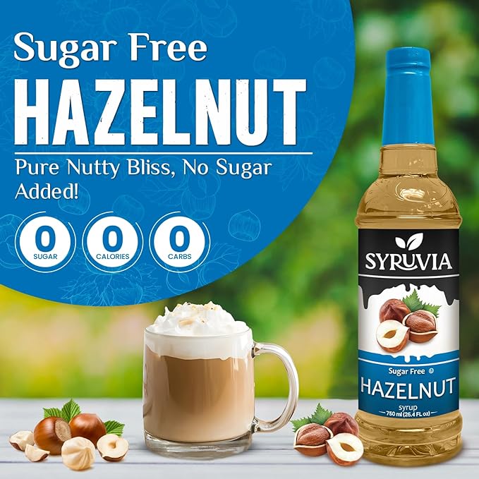 Syruvia Sugar Free Coffee Syrup, Hazelnut Flavored Syrup for Drinks, Lattes, and Desserts – 25.4 fl oz, With Pump