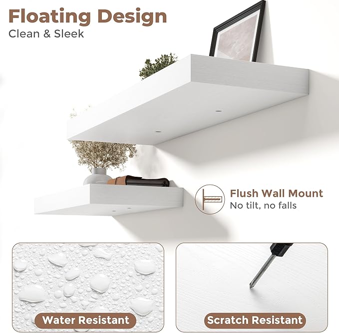 Marsmiles 12" Deep Floating Shelves for Wall with Invisible Brackets, Wall Mounted Engineered Wood Shelves with Wood Grain for Living Room, Bedroom, Kitchen Decor and Storage, 55" L Set of 1, White