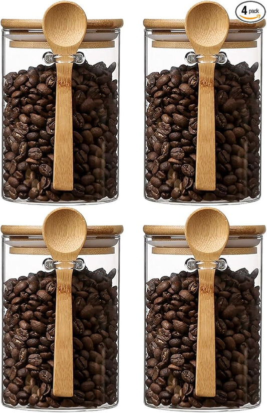 Airtight Food Storage Containers with Bamboo Lids and Spoon for Coffee Beans, Flour, Cookie, Sugar, Tea, Nuts and Spice Bath salt and more(4 Pack)