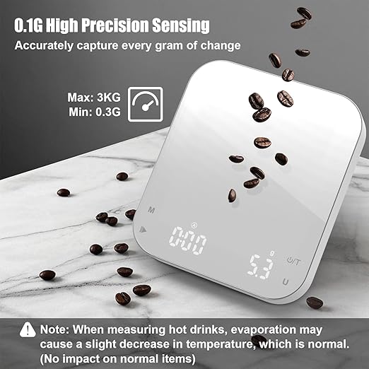 5.9" Rechargeable Coffee Scale with Timer, Diyife Portable Digital Coffee Scale, 3kg/0.1g Accurate Scale for Espresso and Pour-Over Coffee, Dual Timekeeping Modes, 6 Units, LCD Display, White