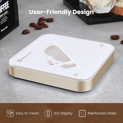 Maestri House Mini Coffee Scale with Timer, USB-C Rechargeable Espresso Scale, 2kg/0.1g Accurate Scale for Espresso and Pour-Over Coffee, Portable Digital Kitchen Scale with Auto Timer (White & Gold)