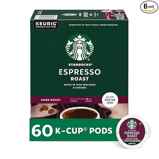 Starbucks K-Cup Coffee Pods, Dark Roast Coffee, Espresso Roast for Keurig Coffee Makers, 100% Arabica, 6 Boxes (60 Pods Total)