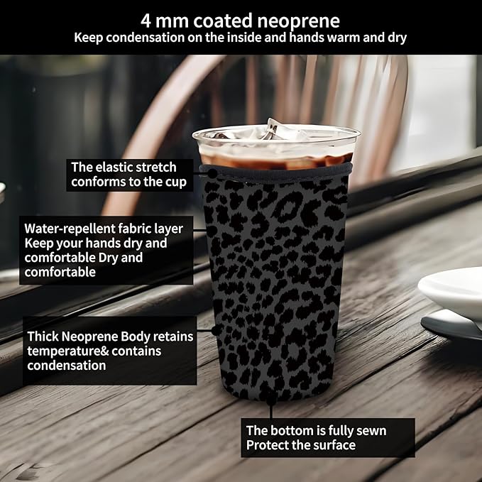Reusable Neoprene Insulator Sleeve for Iced Coffee Cold Soda Cups, Cute Durable Drink Sleeve for Cold Beverages, Medium 22-28oz Cup Sleeve Luxuious Black Leopard