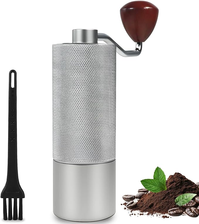 Manual Coffee Grinder Non-Detachable Stainless Steel Conical Burr Aluminum Coffee Bean Grinder with 25 Grinding Settings Cleaning Brush Grindable Espresso Moka Pot French Press for Camping Silver