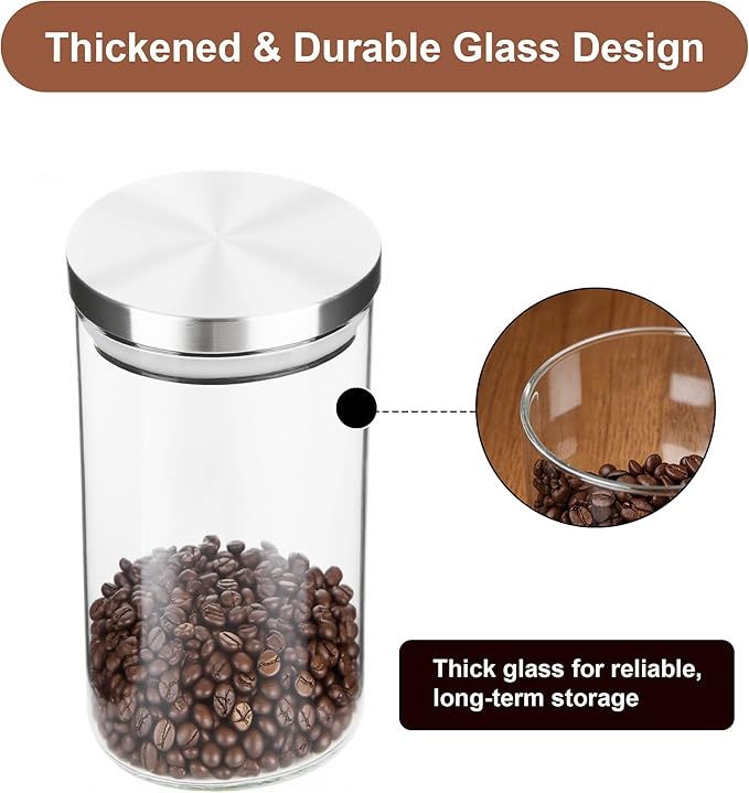 Airtight Coffee Bean Container Set - 2×50oz Glass Coffee Canisters with Scoop & Shelf, Clear Ground Coffee Storage Jars with Lids for Coffee Bar, Sugar, Tea, Nuts & Kitchen Countertop
