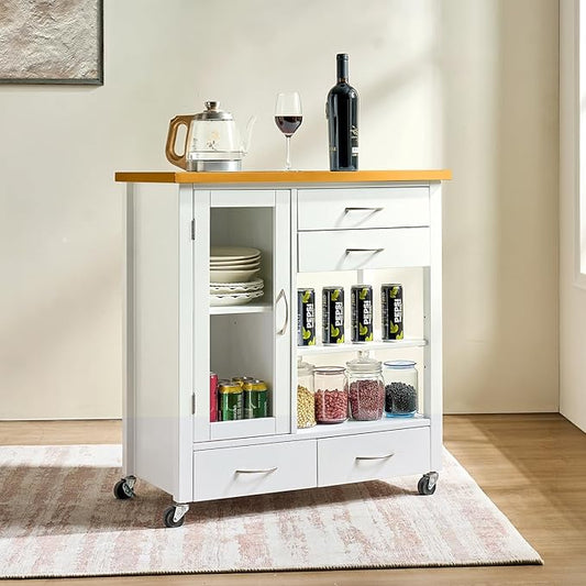 Kitchen Island Cart with Storage - Portable Bar Rolling Storage Cabinet on Wheels, Cart Side Table with Walnut Wood Top, Drawers, Sideboard Buffet with Towel Bar, Dinning Room, White
