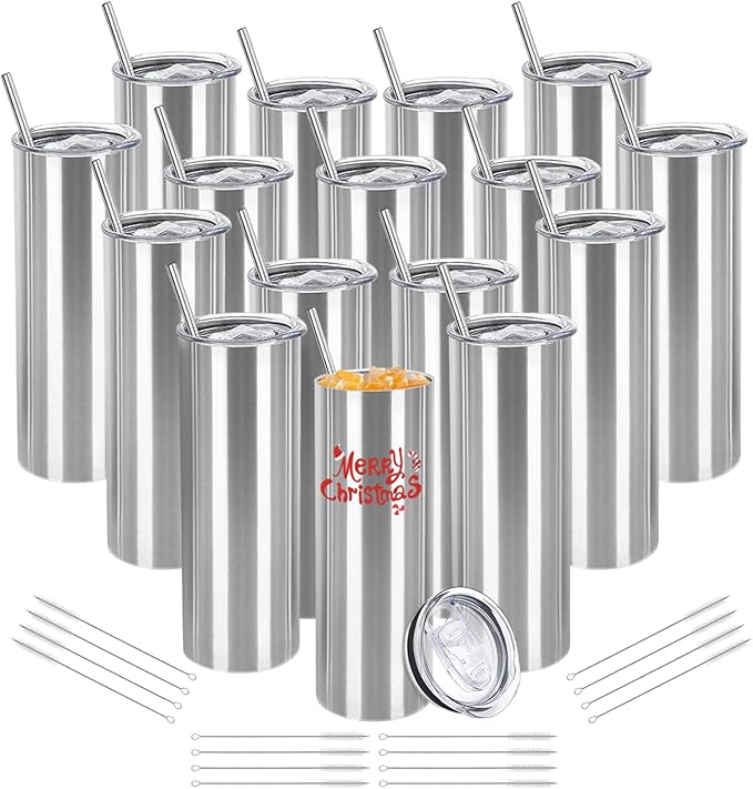 YOUKE OLA 16 Pack Stainless Steel Skinny Tumblers Blank Bulk Straight Double Wall Insulated Tumbler with Lid and Straw for, DIY Gift, 20oz Silver