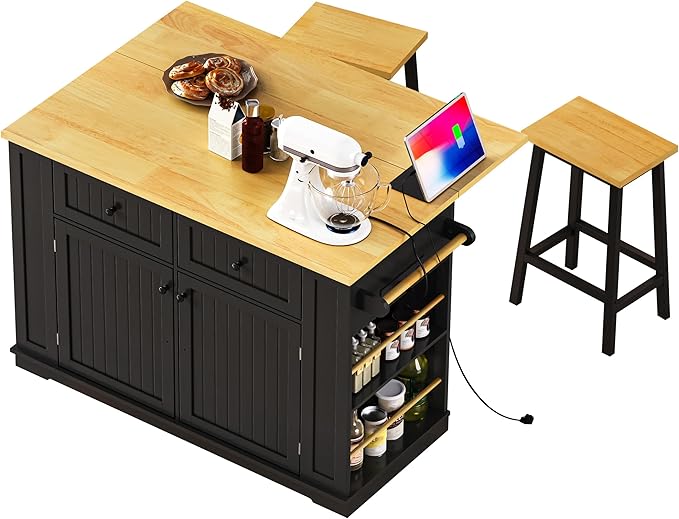 Rolling Kitchen Island with 2 Bar Stools, Drop Leaf & Power Outlet, Large Kitchen Islands Cart on Wheels, Movable Kitchen Island with 5 Open Shelves & Towel Rack for Kitchen, Dining Room, 48″, Black