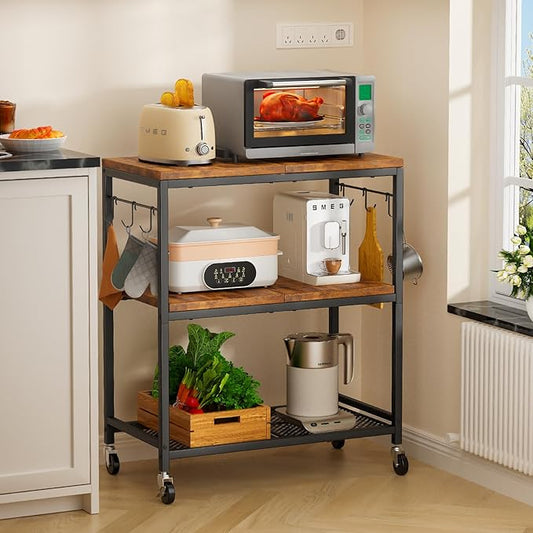 3 Tier Rolling Kitchen Microwave Cart with 6 Hooks, Utility Cart Storage Table Stand on Lockable Wheels, Small Coffee Shelf Rack Organizer,Brown
