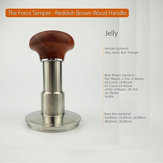 The Force Tamper Automatic Impact Adjustable Constant Pressure and Autoleveling Coffee Tamper Reddish Brown Jellyfish Wooden Handle Set Pro (Ripple-Distribute Set, 54.00mm)