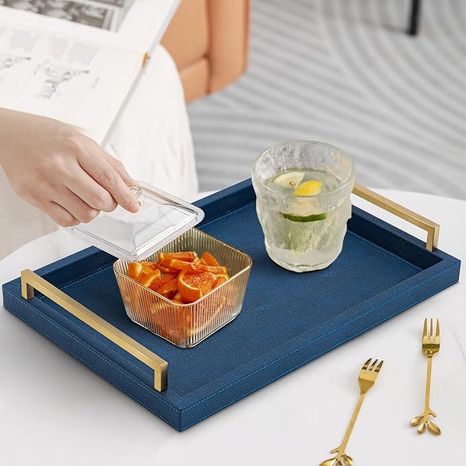 Navy Blue Decorative Serving Tray, Shagreen Leather Coffee Table Tray, Rectangle for Home Decor